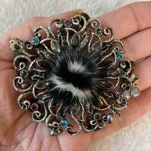 Vintage Large Brooch w/‎ Center Faux Fur Beads & Rhinestones